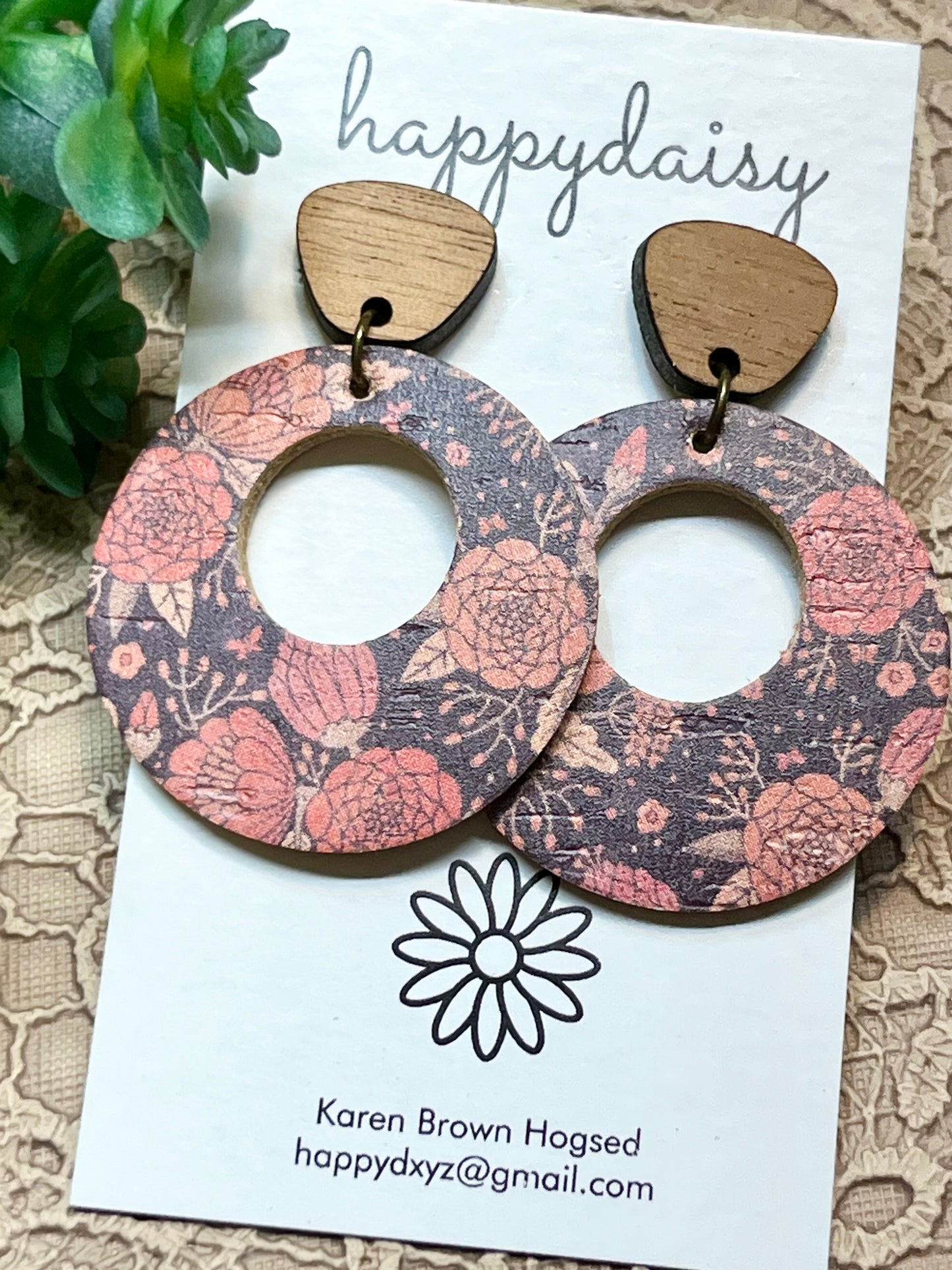 Fall Floral Print Cork on Leather "Mandy" Earrings