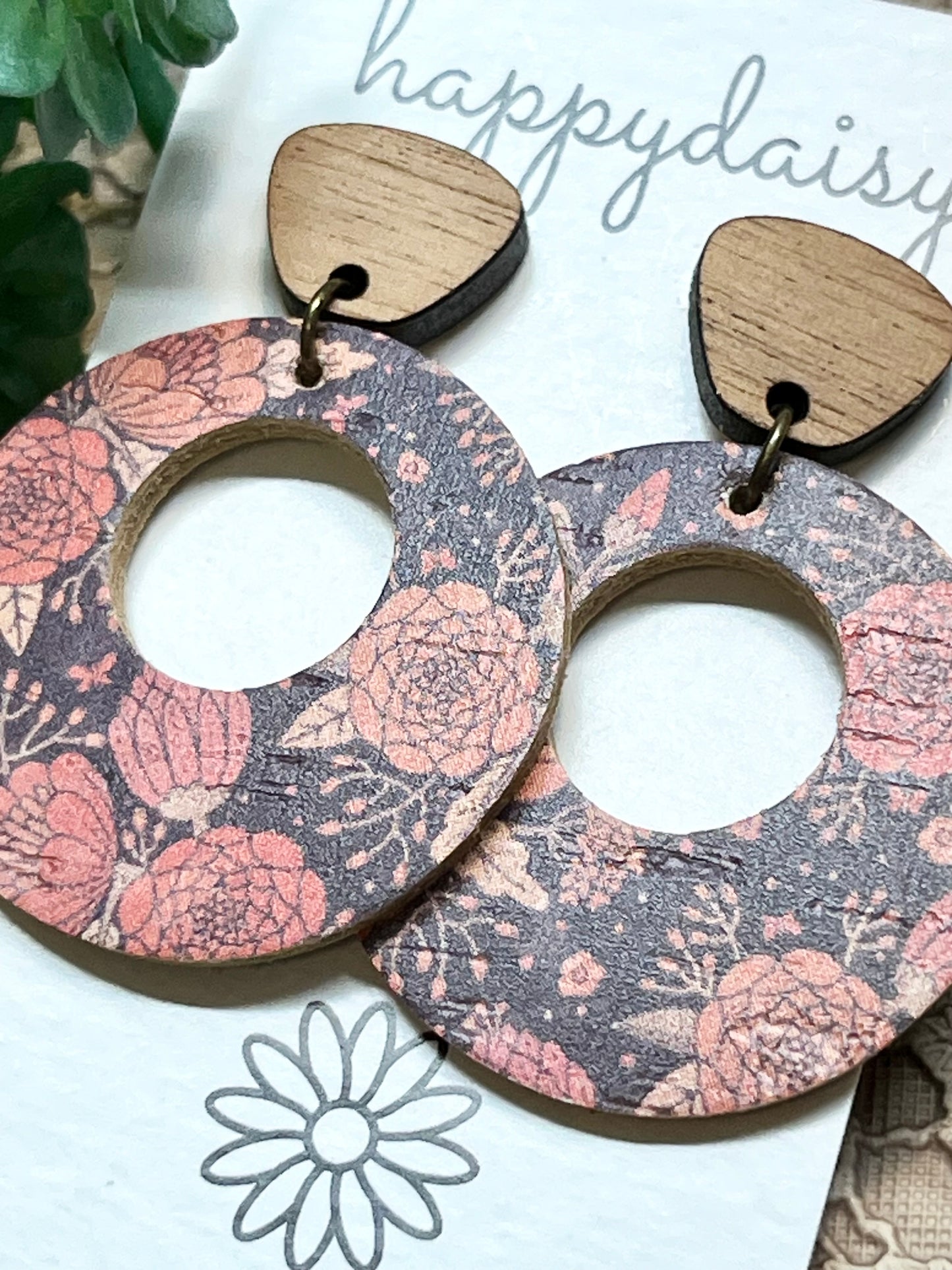 Fall Floral Print Cork on Leather "Mandy" Earrings