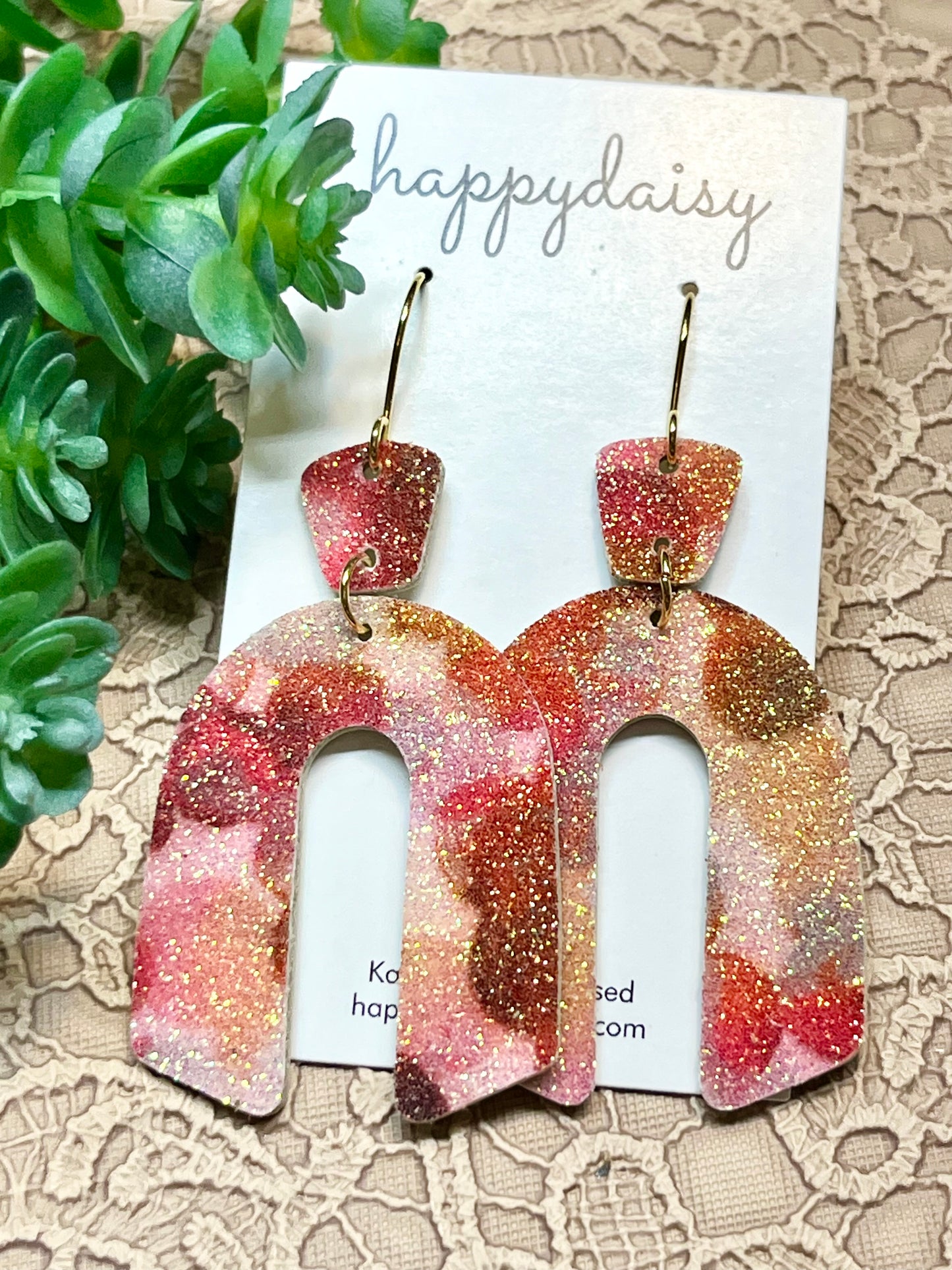 Fall Orange Gold Pink Glitter on Leather Arch Earrings