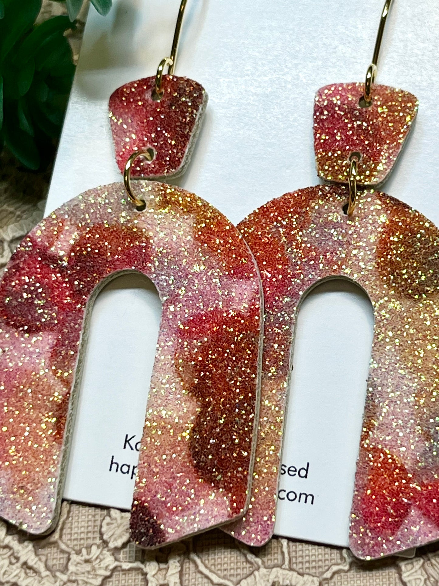 Fall Orange Gold Pink Glitter on Leather Arch Earrings