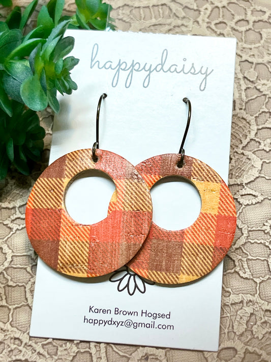 Fall Plaid Orange Yellow Brown Cork on Leather "Mandy" Earrings