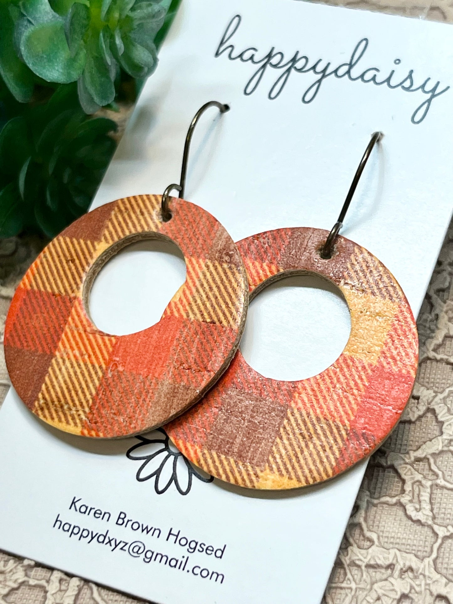 Fall Plaid Orange Yellow Brown Cork on Leather "Mandy" Earrings