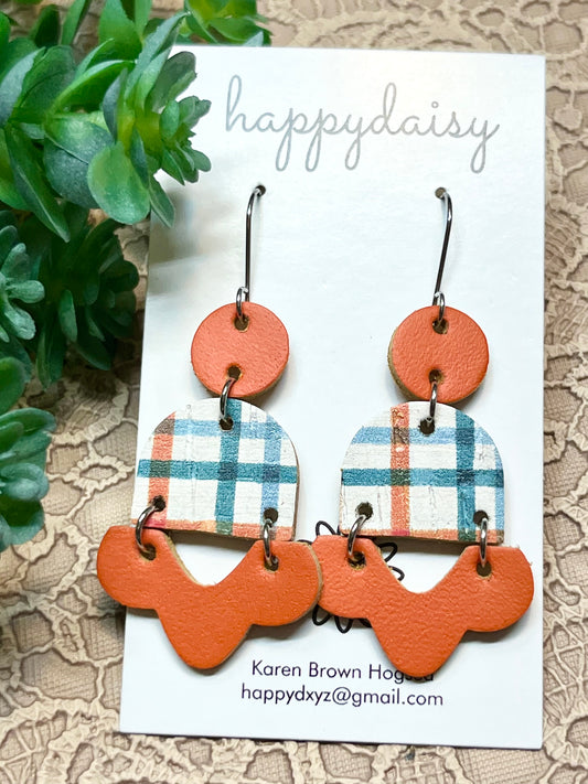 Fall Plaid Orange Turquoise Cork on Leather and Baby Chopper Earrings