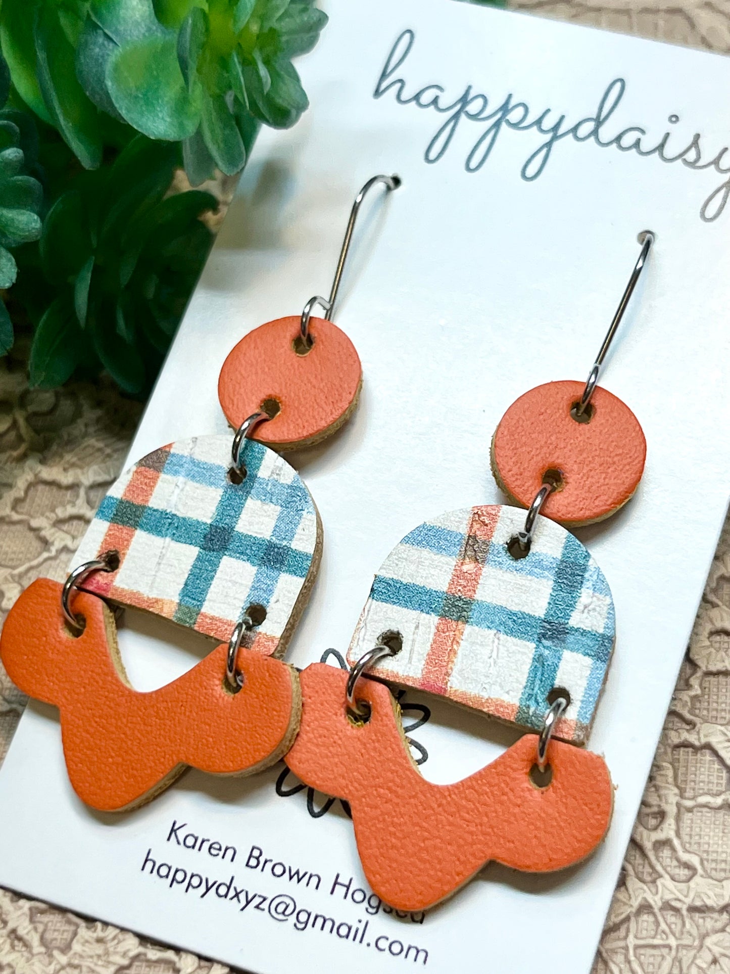 Fall Plaid Orange Turquoise Cork on Leather and Baby Chopper Earrings