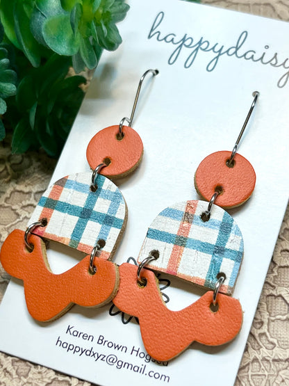 Fall Plaid Orange Turquoise Cork on Leather and Baby Chopper Earrings