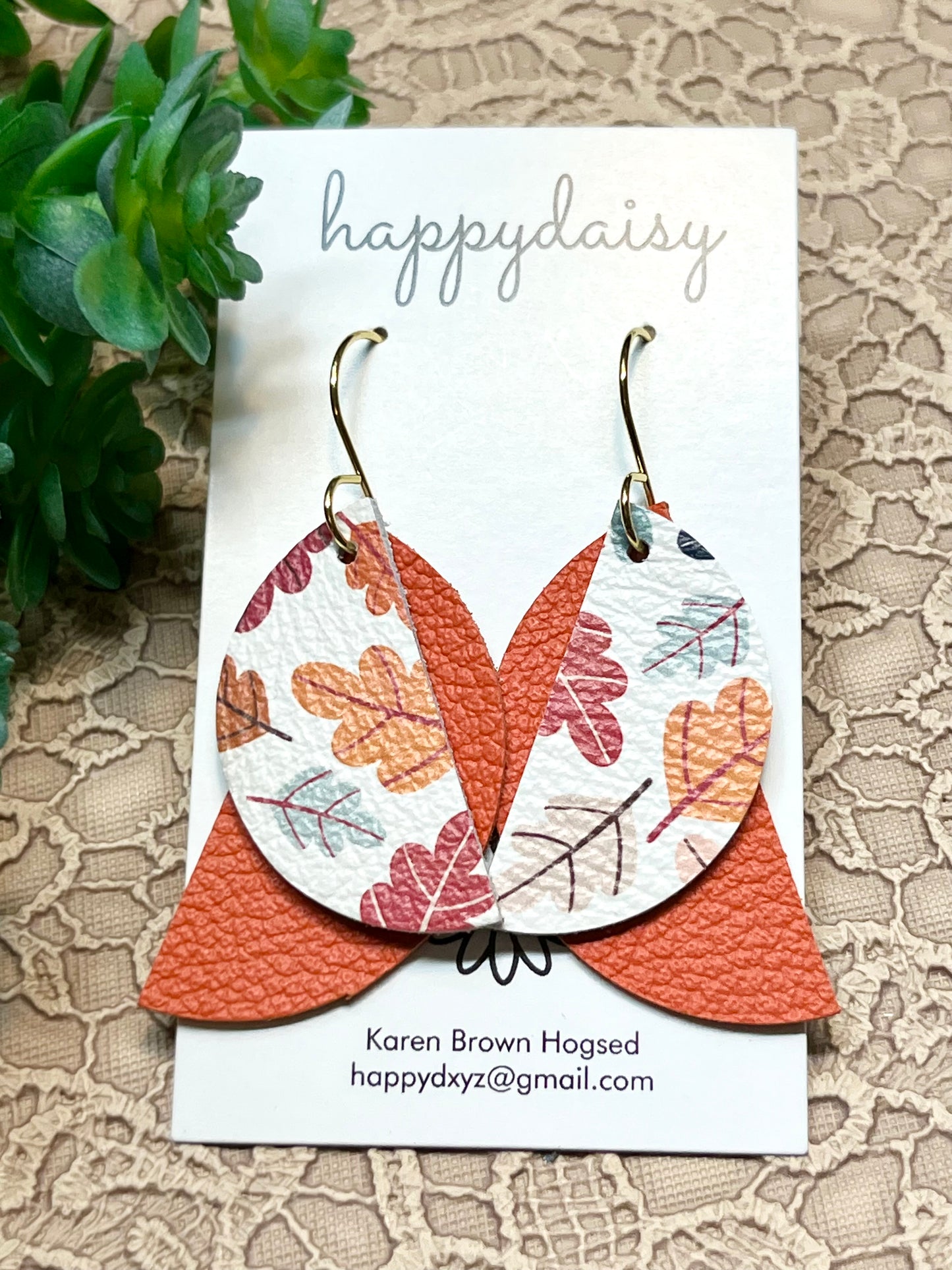 Fall Leaf Print Orange Red Leather Earrings