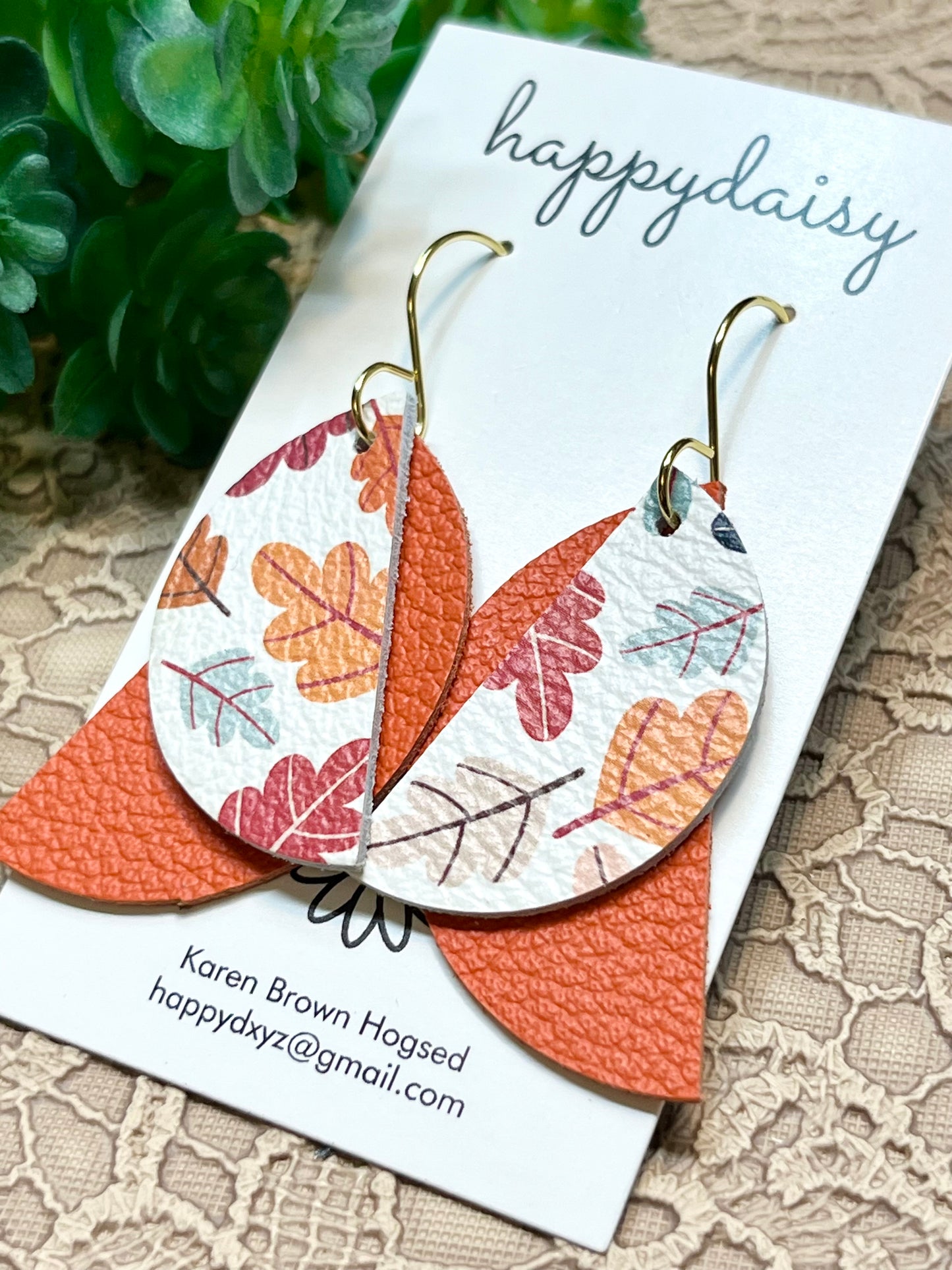 Fall Leaf Print Orange Red Leather Earrings