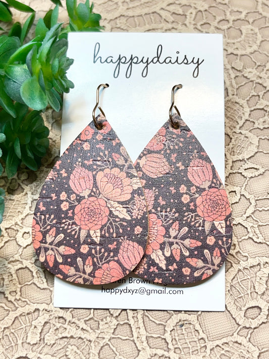 Fall Floral Print Cork on Leather Teardrop Earrings