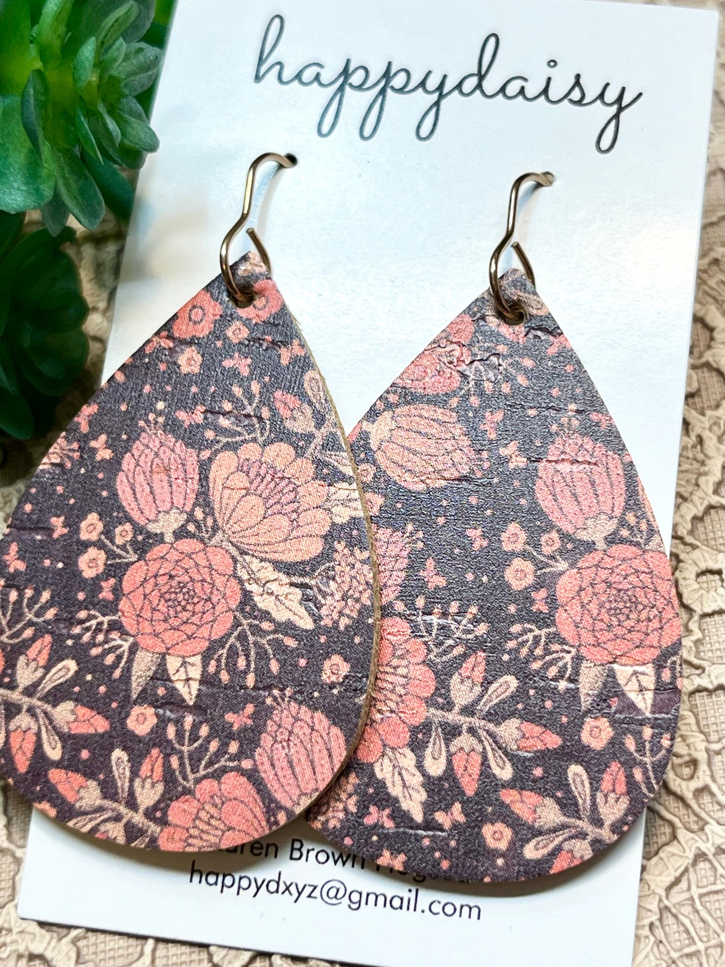 Fall Floral Print Cork on Leather Teardrop Earrings