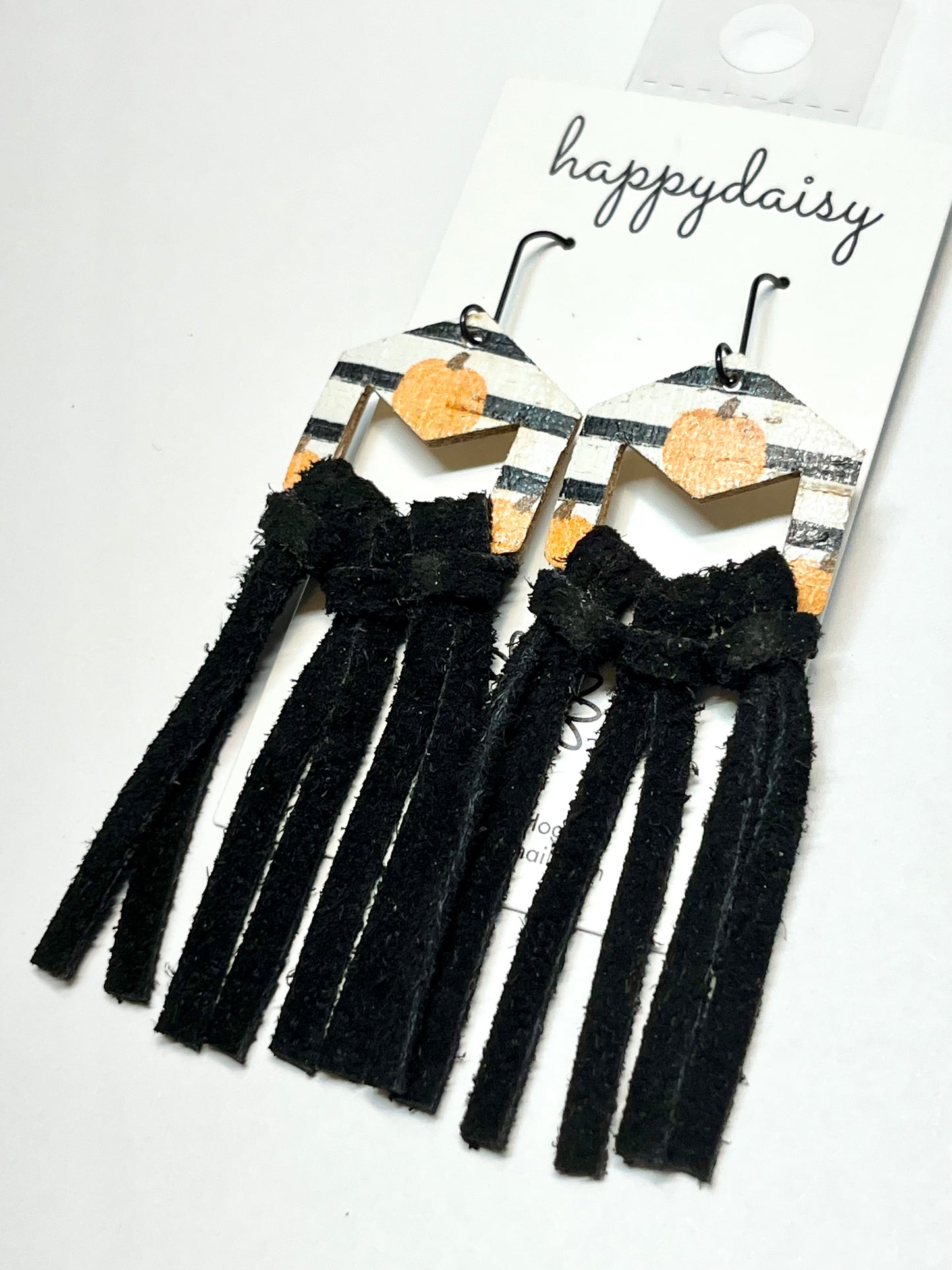 Fall Halloween Orange Black White Pumpkin Print Cork on Leather Seude Fringe Earrings