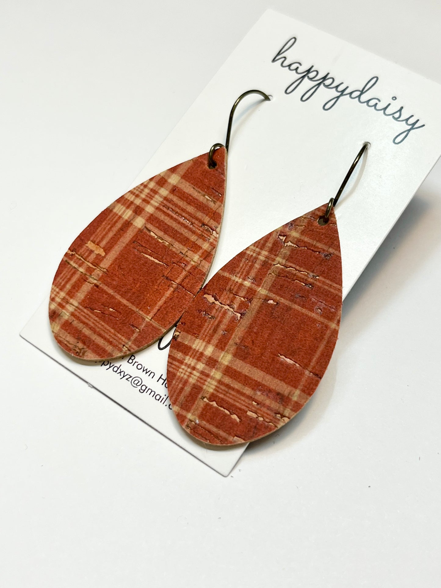 Fall Plaid Rust and Tan Cork on Leather Teardrop Earrings