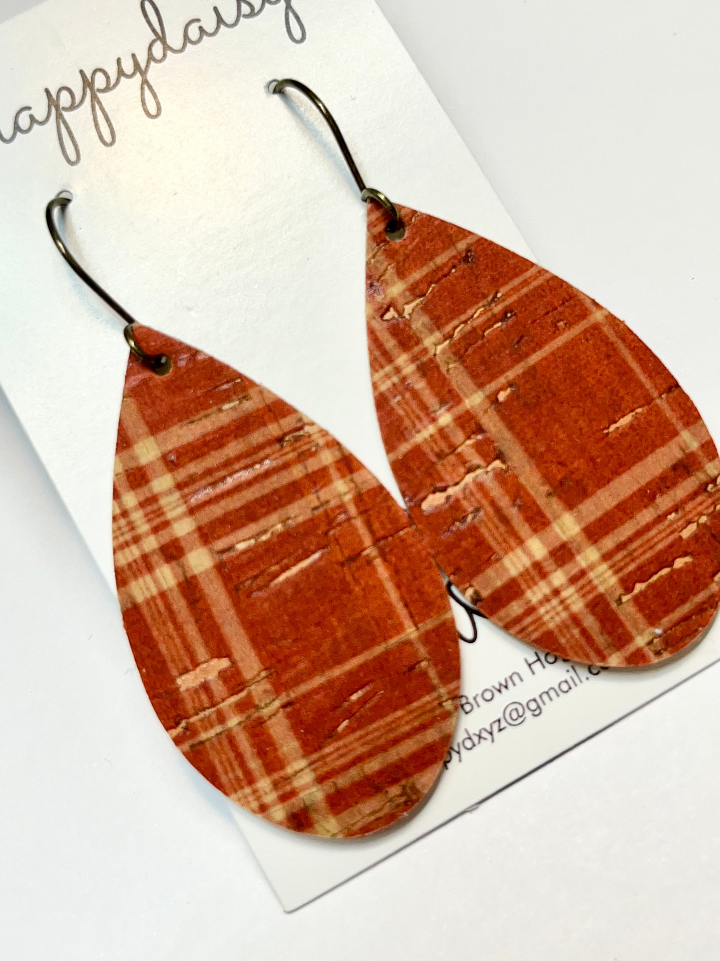 Fall Plaid Rust and Tan Cork on Leather Teardrop Earrings