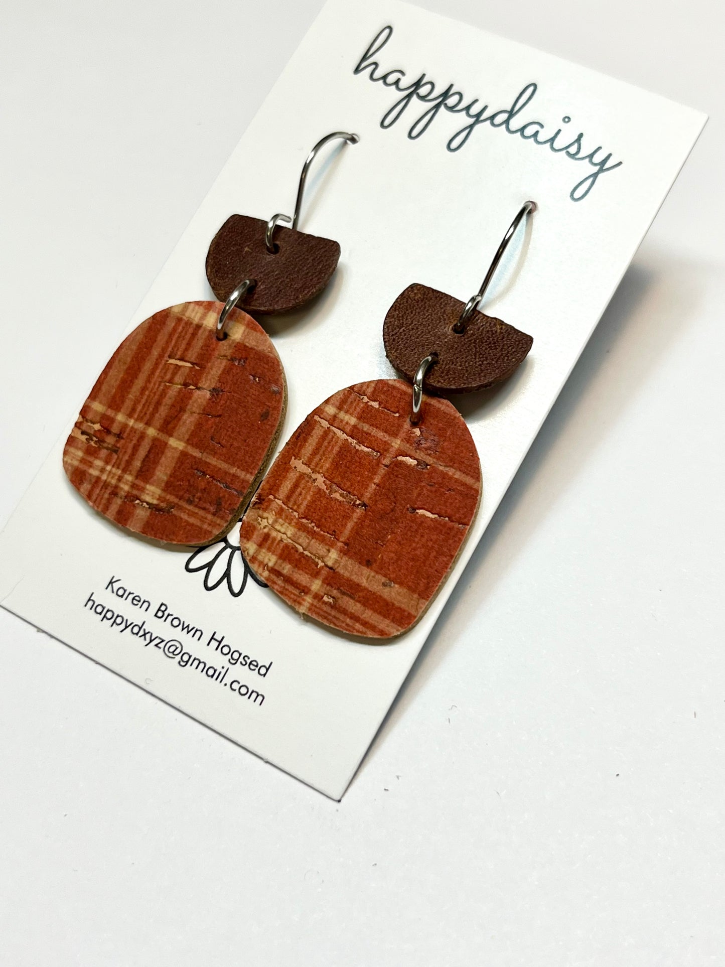 Fall Plaid Rust and Tan Cork on Leather Earrings