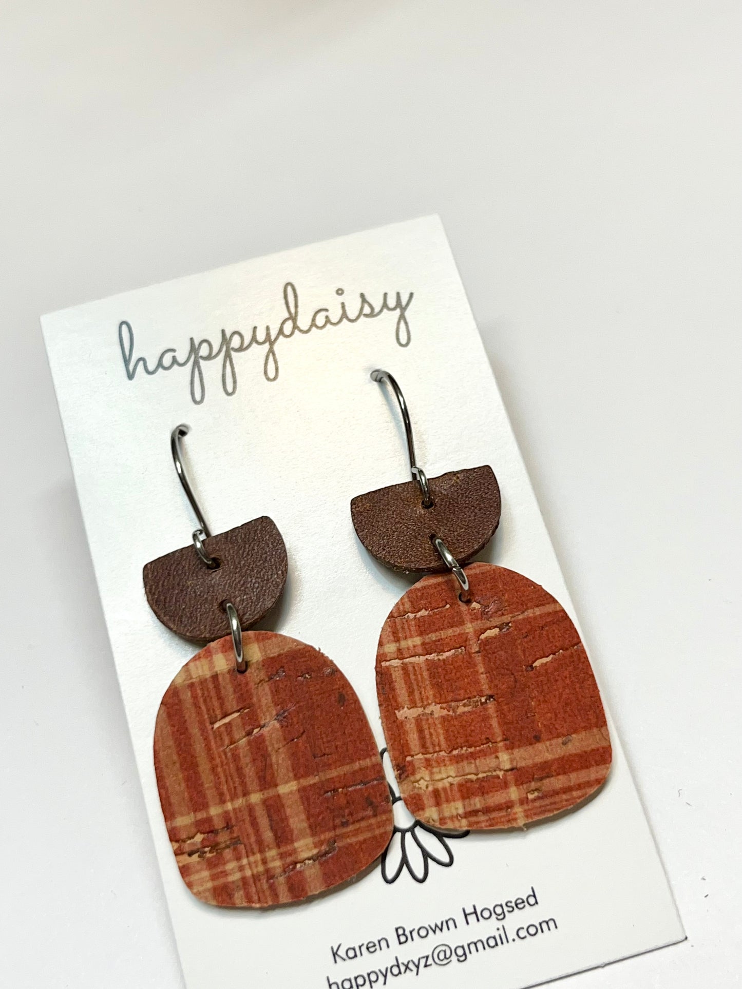 Fall Plaid Rust and Tan Cork on Leather Earrings