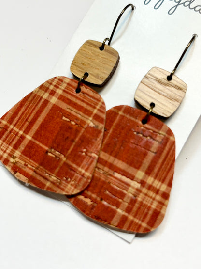 Fall Plaid Rust and Tan Cork on Leather Earrings