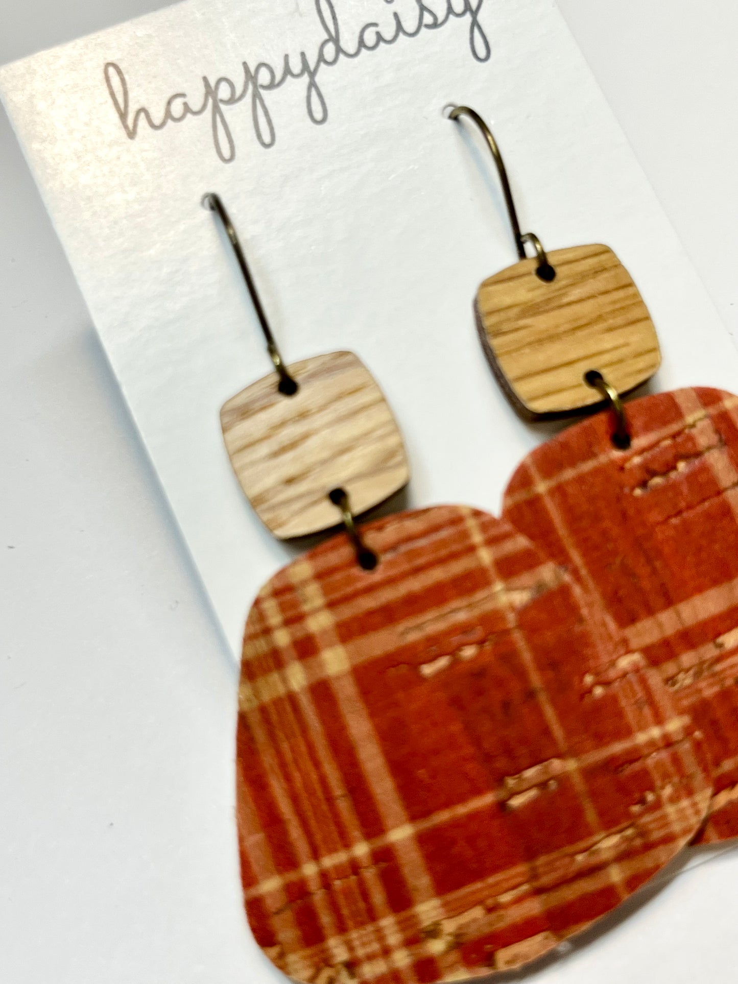 Fall Plaid Rust and Tan Cork on Leather Earrings