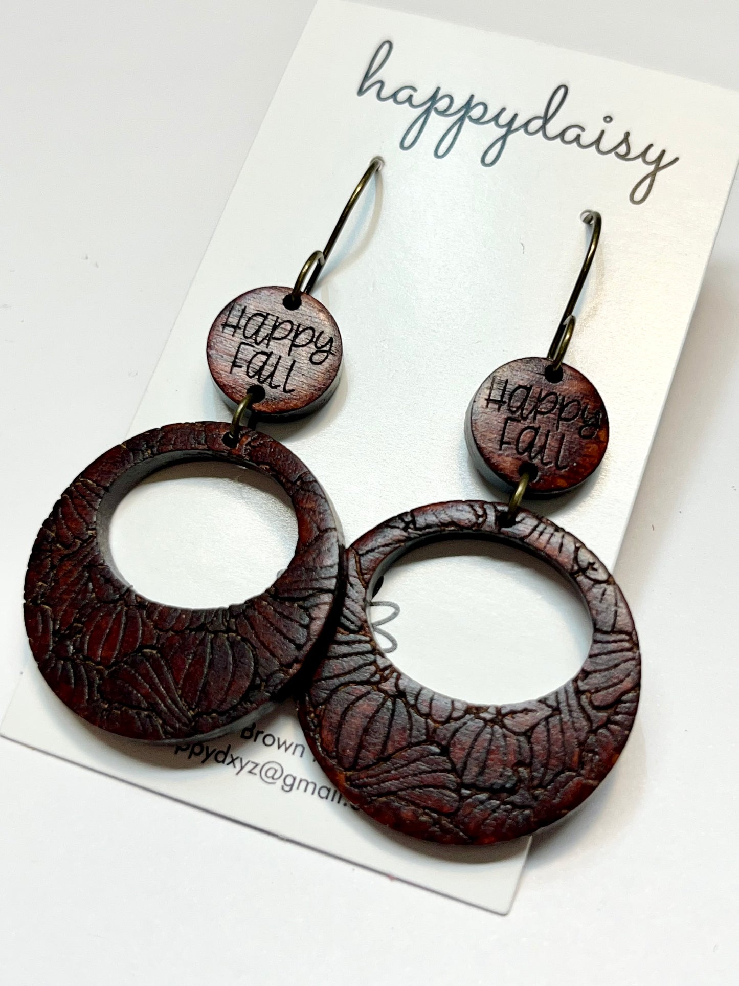 Fall "Happy Fall" Pumpkin Engraved Brown Wooden Earrings