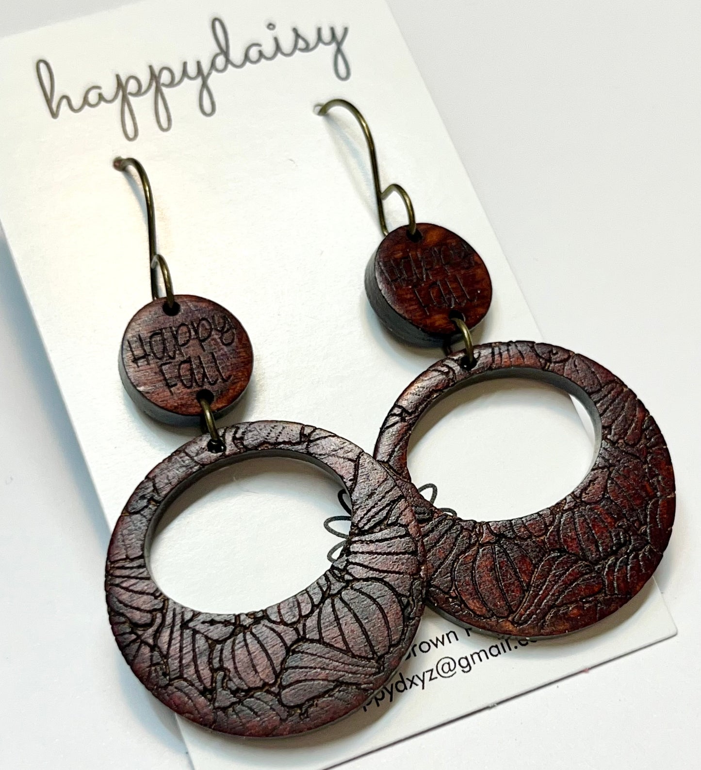 Fall "Happy Fall" Pumpkin Engraved Brown Wooden Earrings