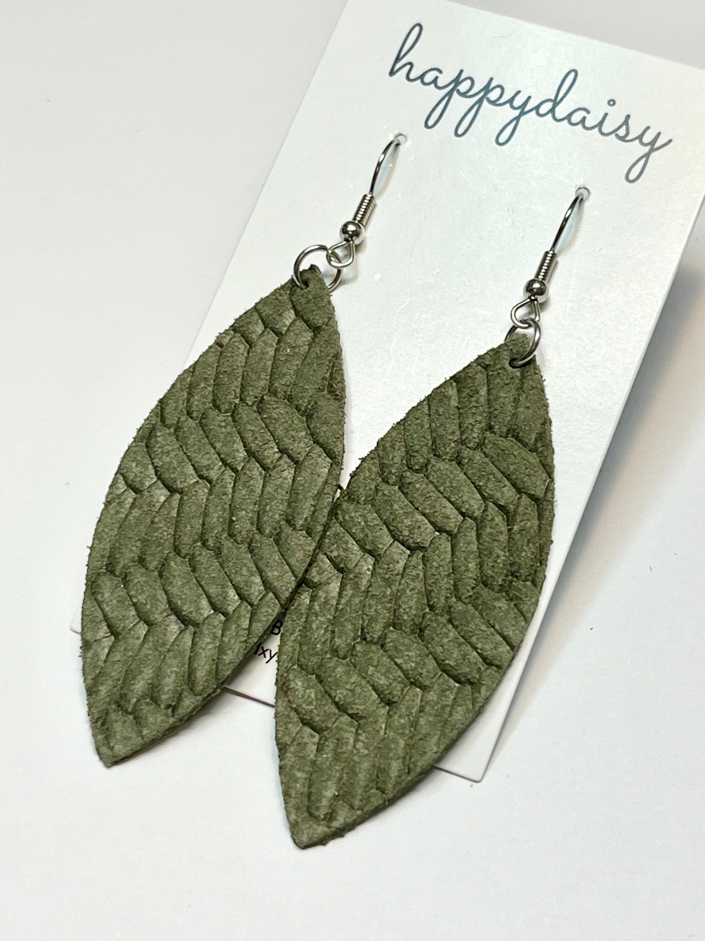 Fall Olive Green Braid Embossed Leather Leaf Earrings