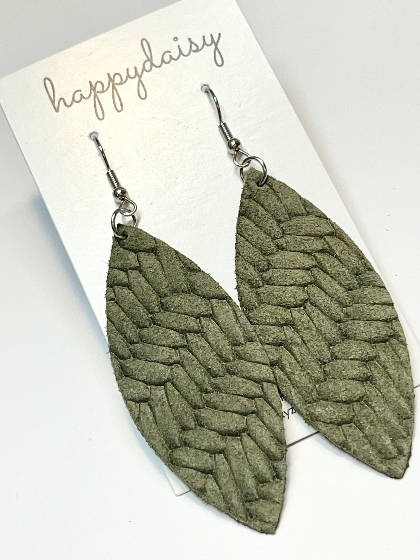 Fall Olive Green Braid Embossed Leather Leaf Earrings