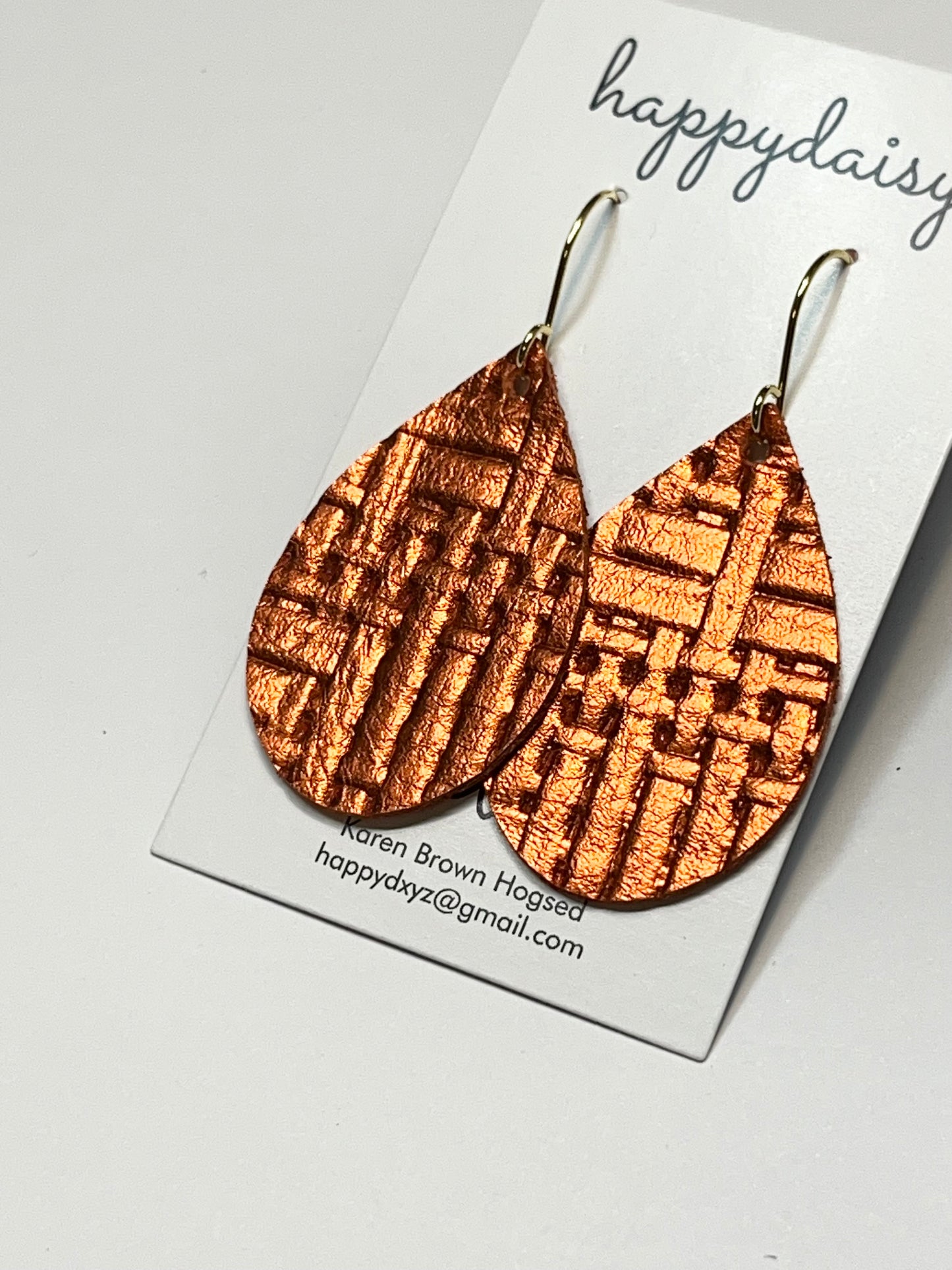 Fall Weave Embossed Metallic Orange Leather Teardrop Earrings