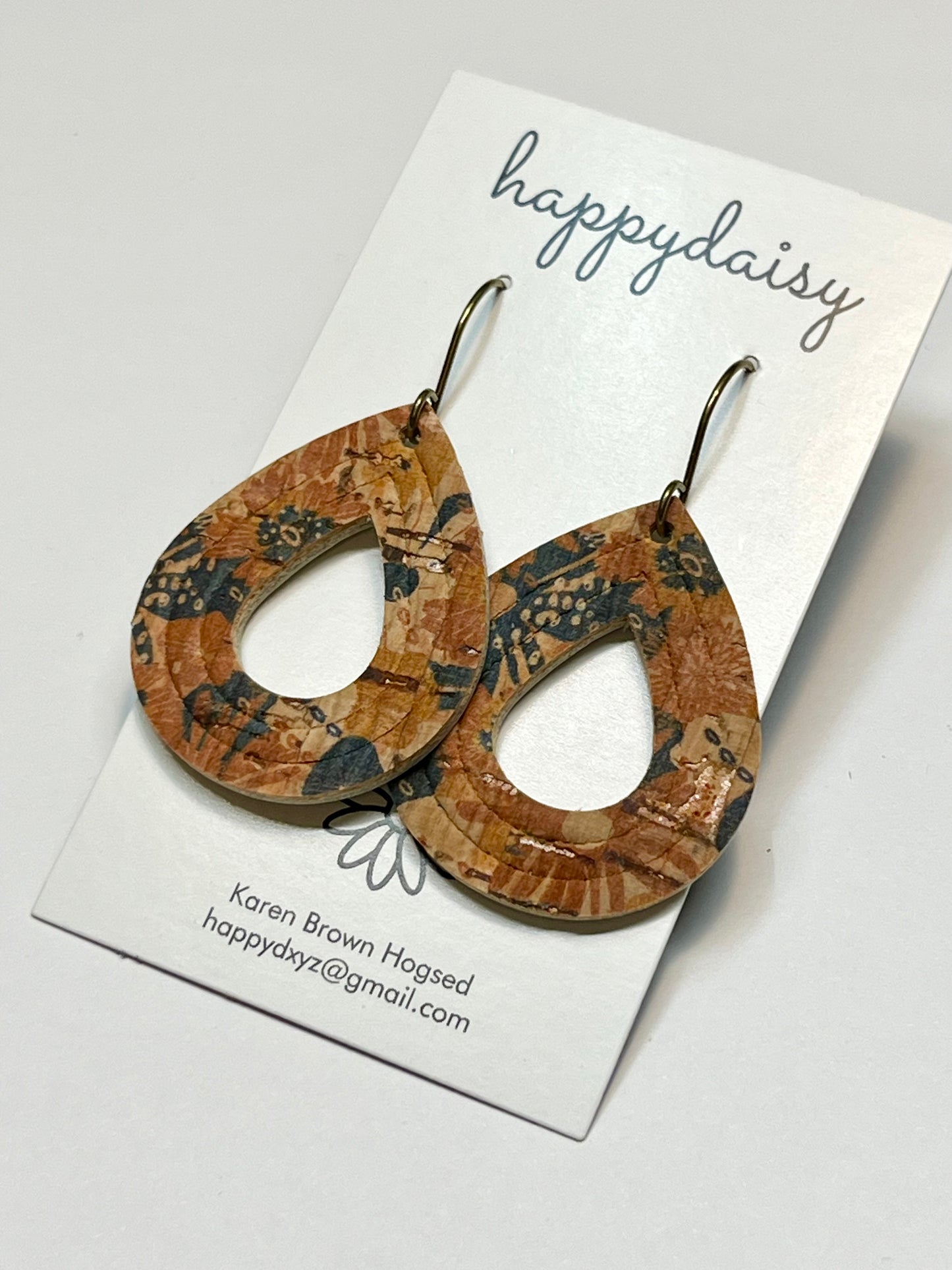 Fall Floral Print Brown Tan Navy Cork on Leather Embossed Teardrop Earrings