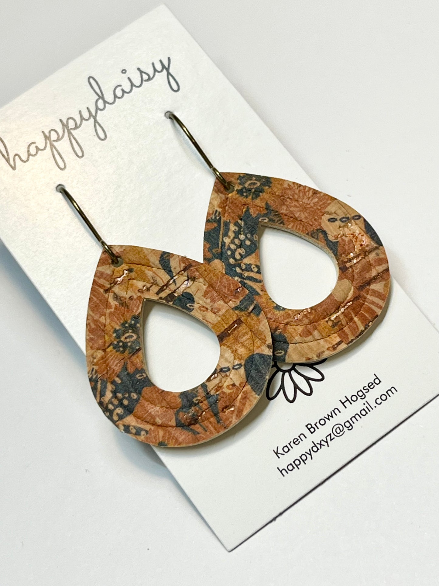 Fall Floral Print Brown Tan Navy Cork on Leather Embossed Teardrop Earrings