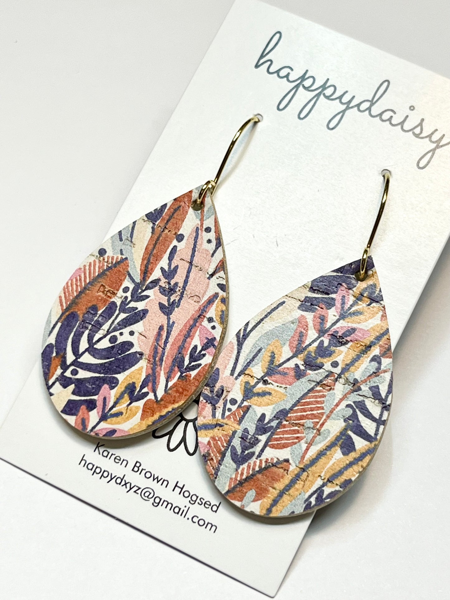 Fall Floral Print Rust Pink Purple Cork on Leather Teardrop Earrings