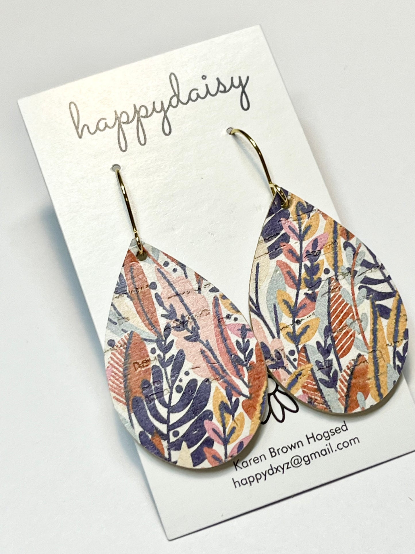 Fall Floral Print Rust Pink Purple Cork on Leather Teardrop Earrings