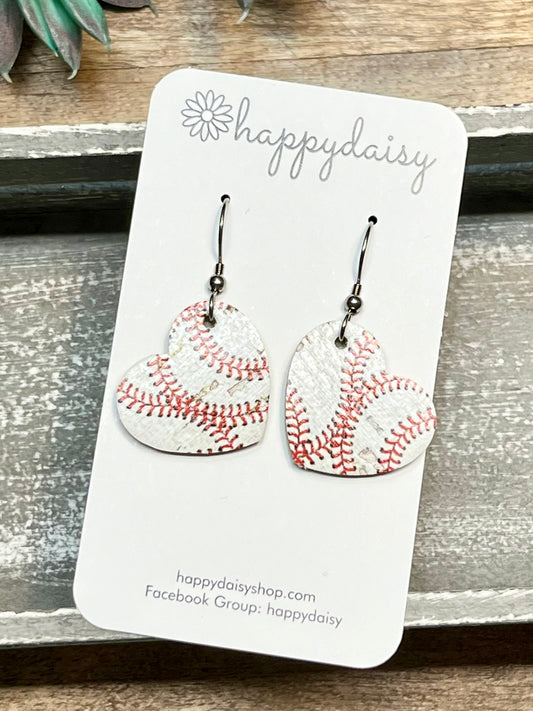 Baseball Love Heart Shaped Cork on Leather Earrings