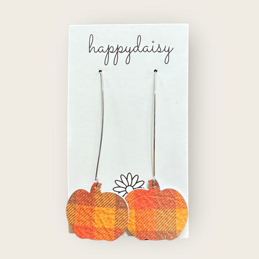 Fall Pumpkin-Shaped Orange and Brown Plaid Print Leather Earrings