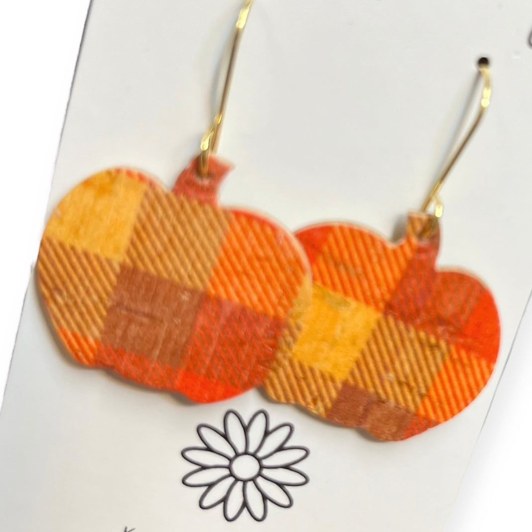 Fall Pumpkin-Shaped Orange and Brown Plaid Print Cork on Leather Earrings