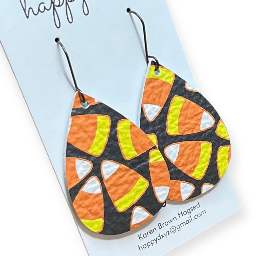 Halloween Candy Corn Print Orange Yellow Black Teardrop Leather Earrings