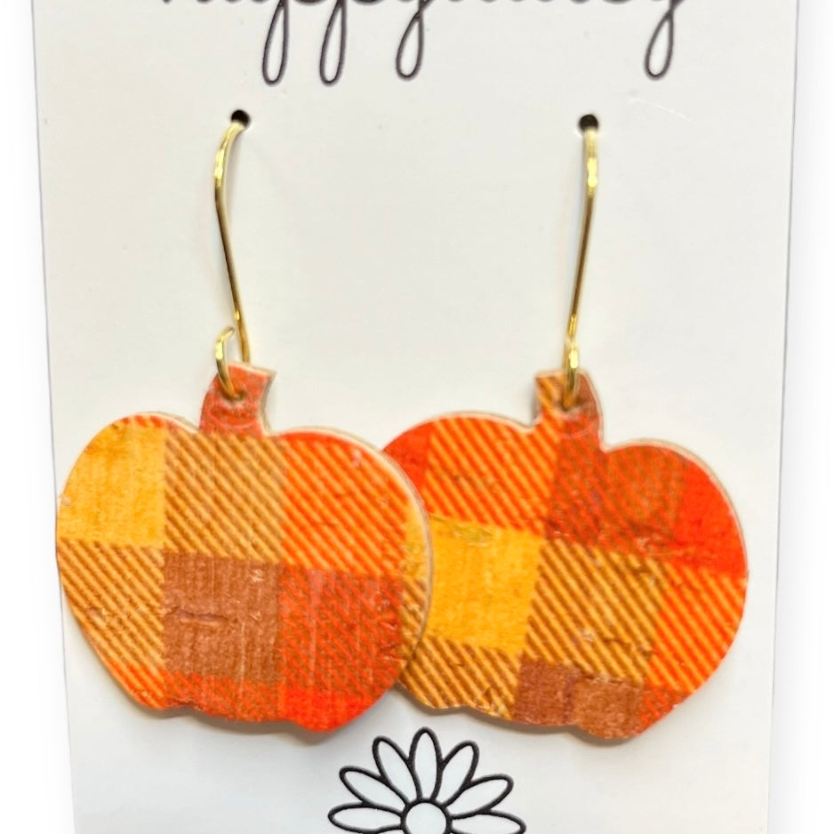 Fall Pumpkin-Shaped Orange and Brown Plaid Print Cork on Leather Earrings