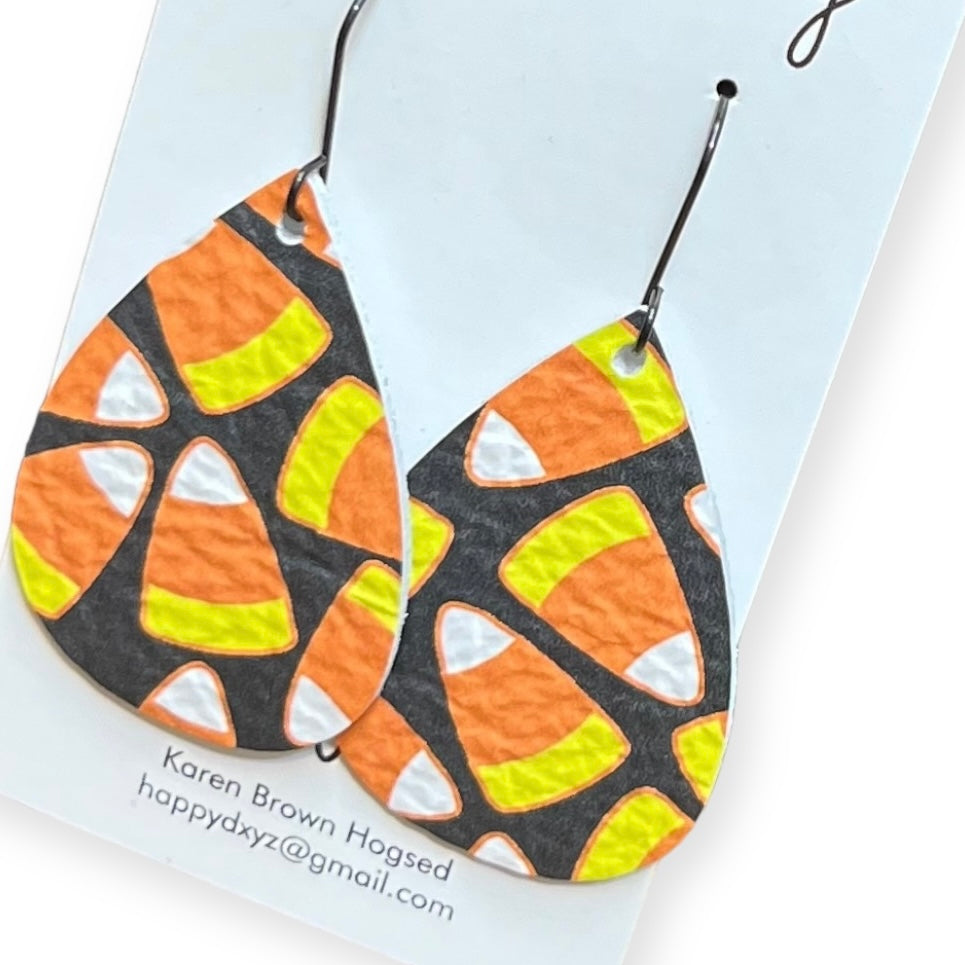 Halloween Candy Corn Print Orange Yellow Black Teardrop Leather Earrings