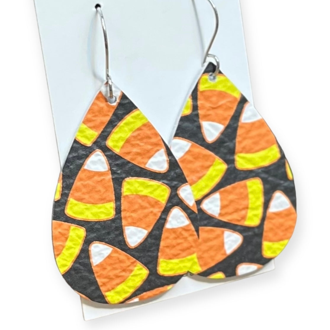 Halloween Candy Corn Print Orange Yellow Black Teardrop Leather Earrings