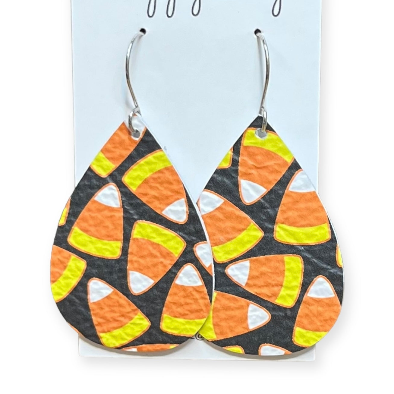 Halloween Candy Corn Print Orange Yellow Black Teardrop Leather Earrings