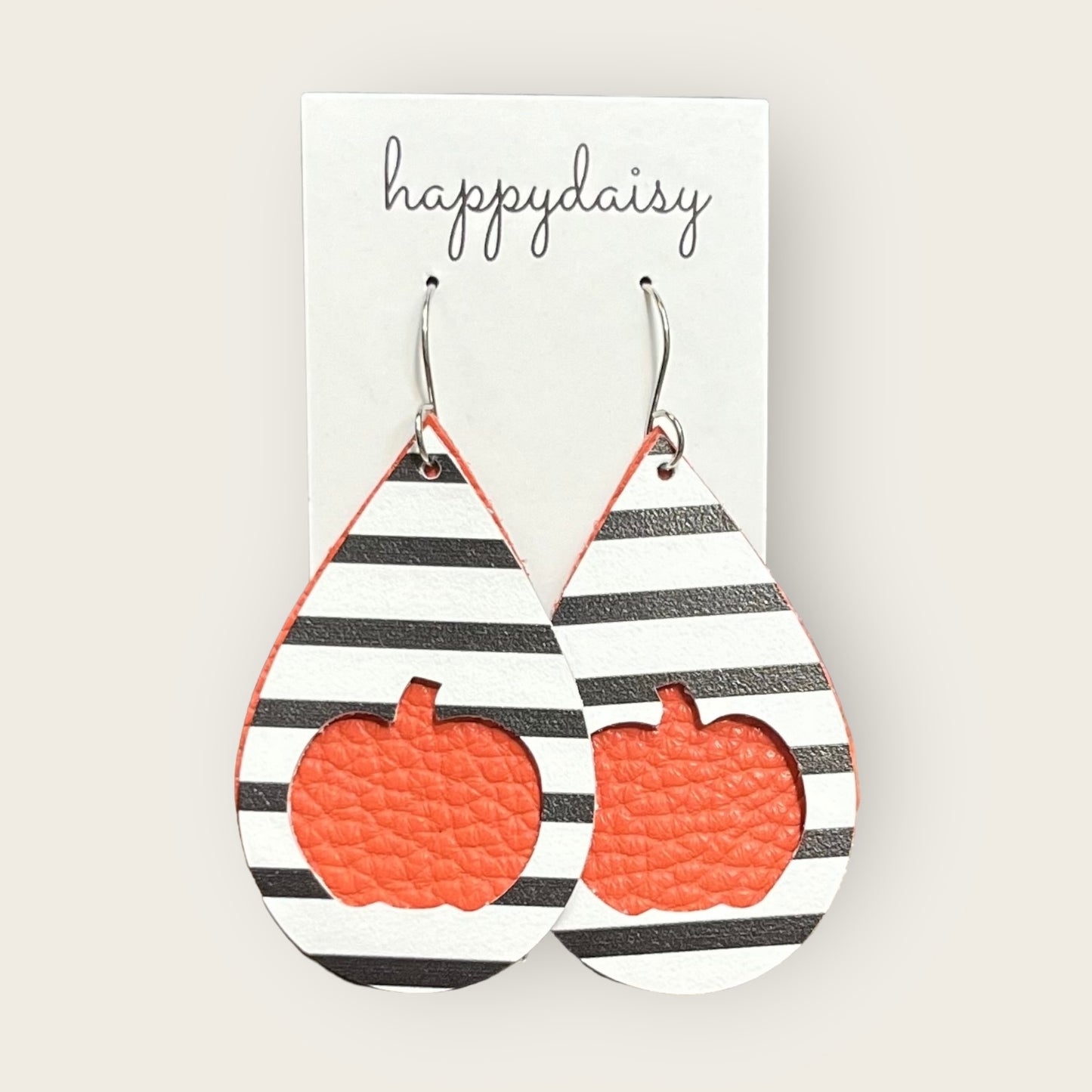 Fall Black and White Stripes with Orange Pumpkin Cut-out Double Layer Leather Teardrop Earrings