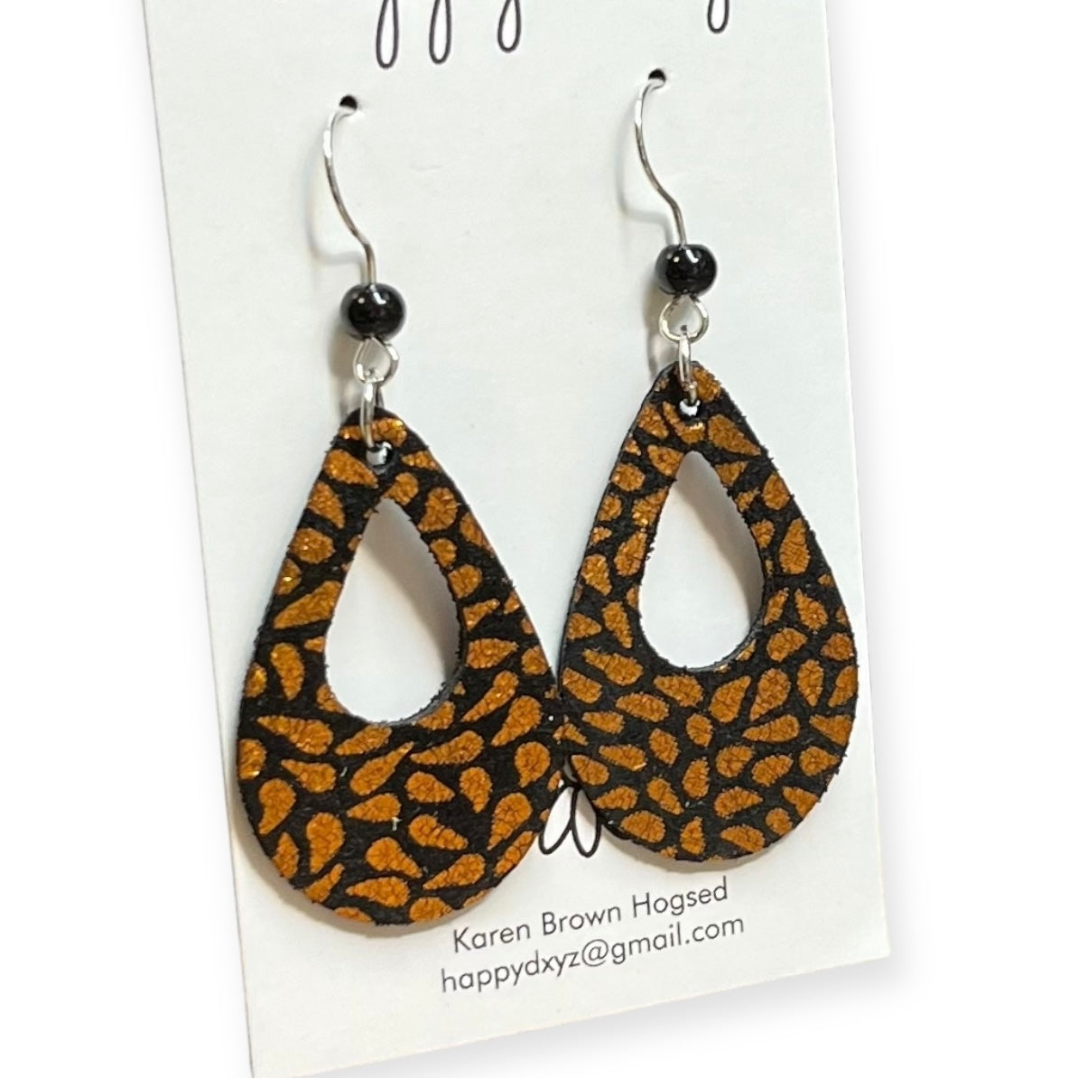 Halloween Orange Metallic Print on Black Leather Teardrop Earrings