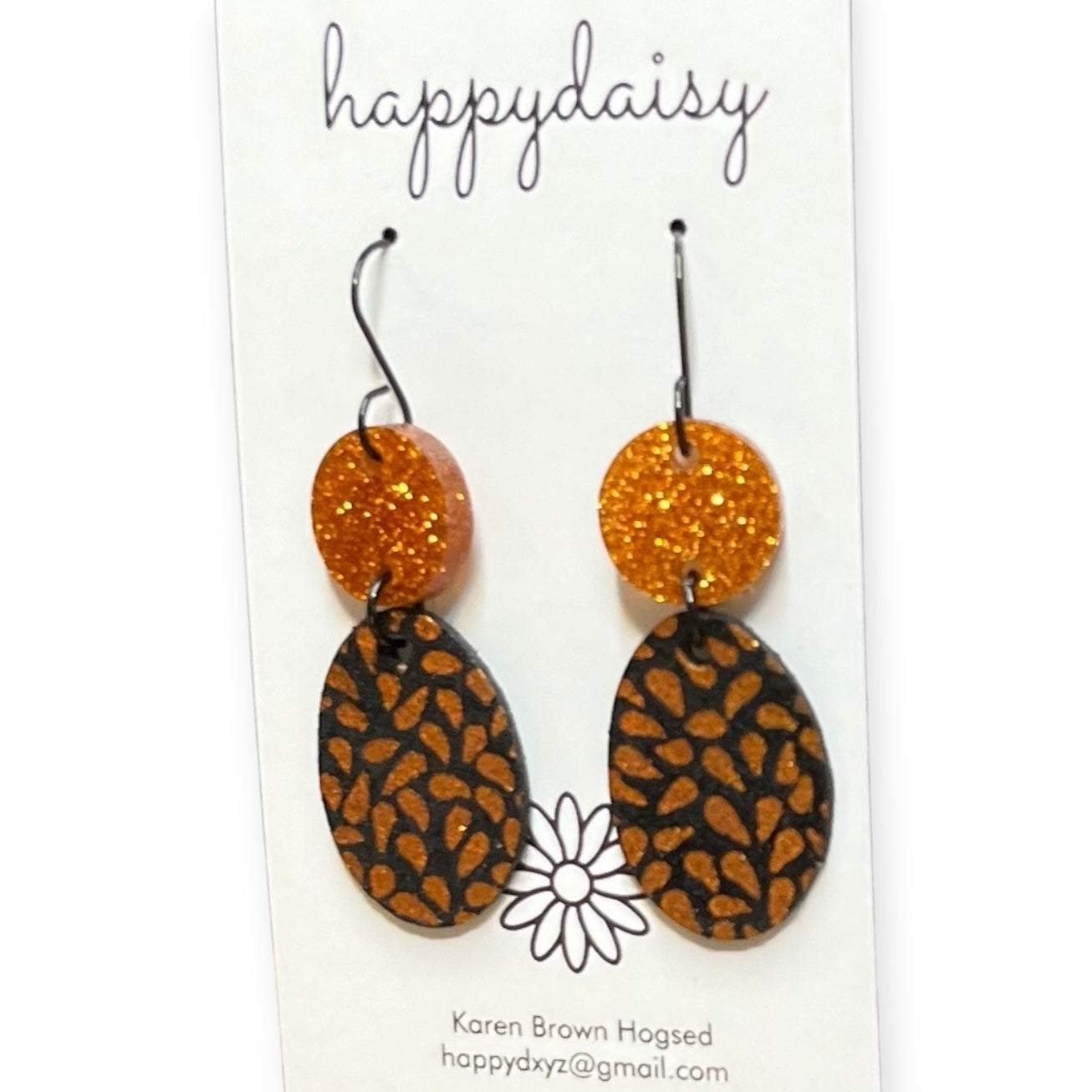 Halloween Orange Metallic Print on Black Leather Earrings