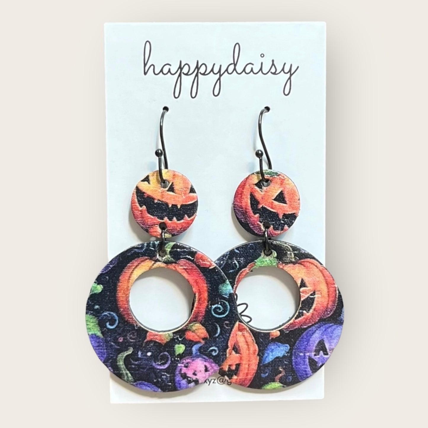 Halloween Jack-o-lantern Print Orange Purple Black Cork on Leather "Mandy" Earrings