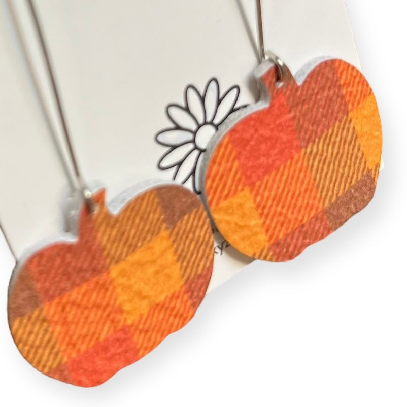 Fall Pumpkin-Shaped Orange and Brown Plaid Print Leather Earrings