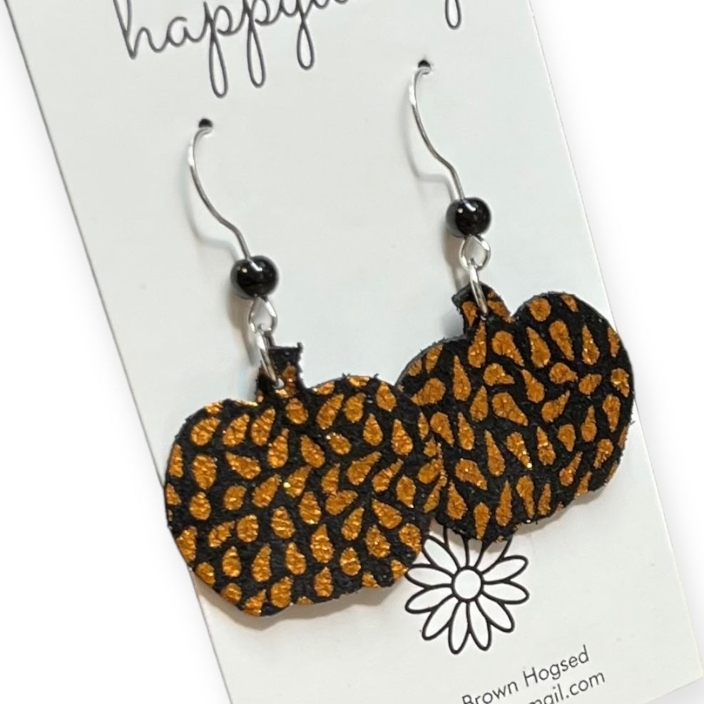 Halloween Pumpkin-Shaped Orange Metallic Print on Black Leather Earrings