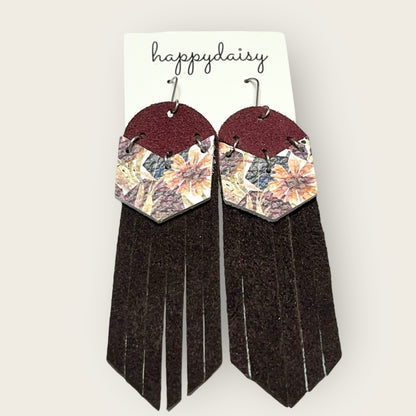 Fall Floral Print, Burgandy, Brown Leather Fringe Earrings