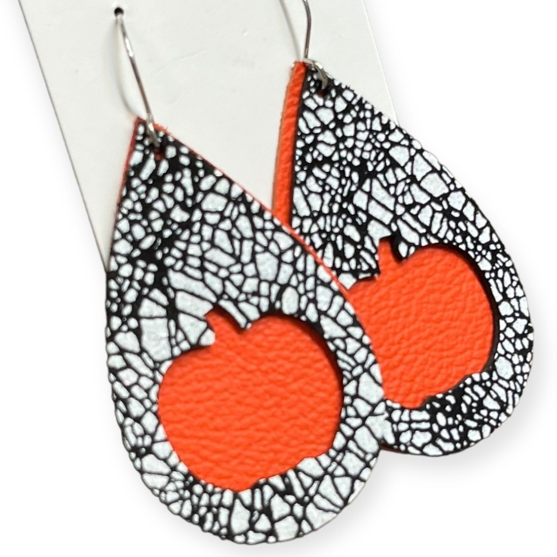 Halloween Black and White with Orange Pumpkin Cut-out Double Layer Leather Teardrop Earrings