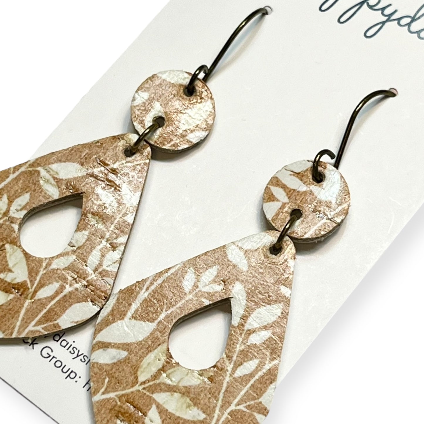 Fall Floral Print Brown and White Cork on Leather "Tina" Earrings