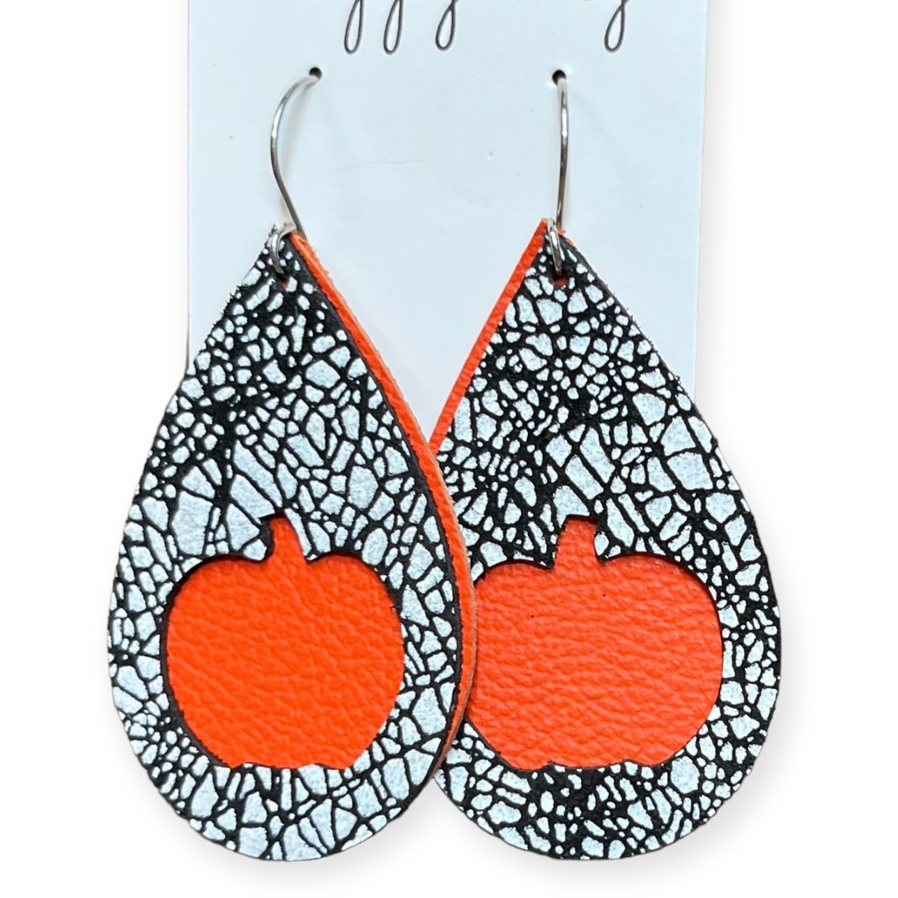 Halloween Black and White with Orange Pumpkin Cut-out Double Layer Leather Teardrop Earrings