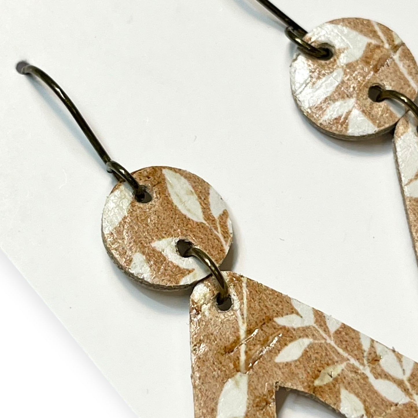 Fall Floral Print Brown and White Cork on Leather "Tina" Earrings