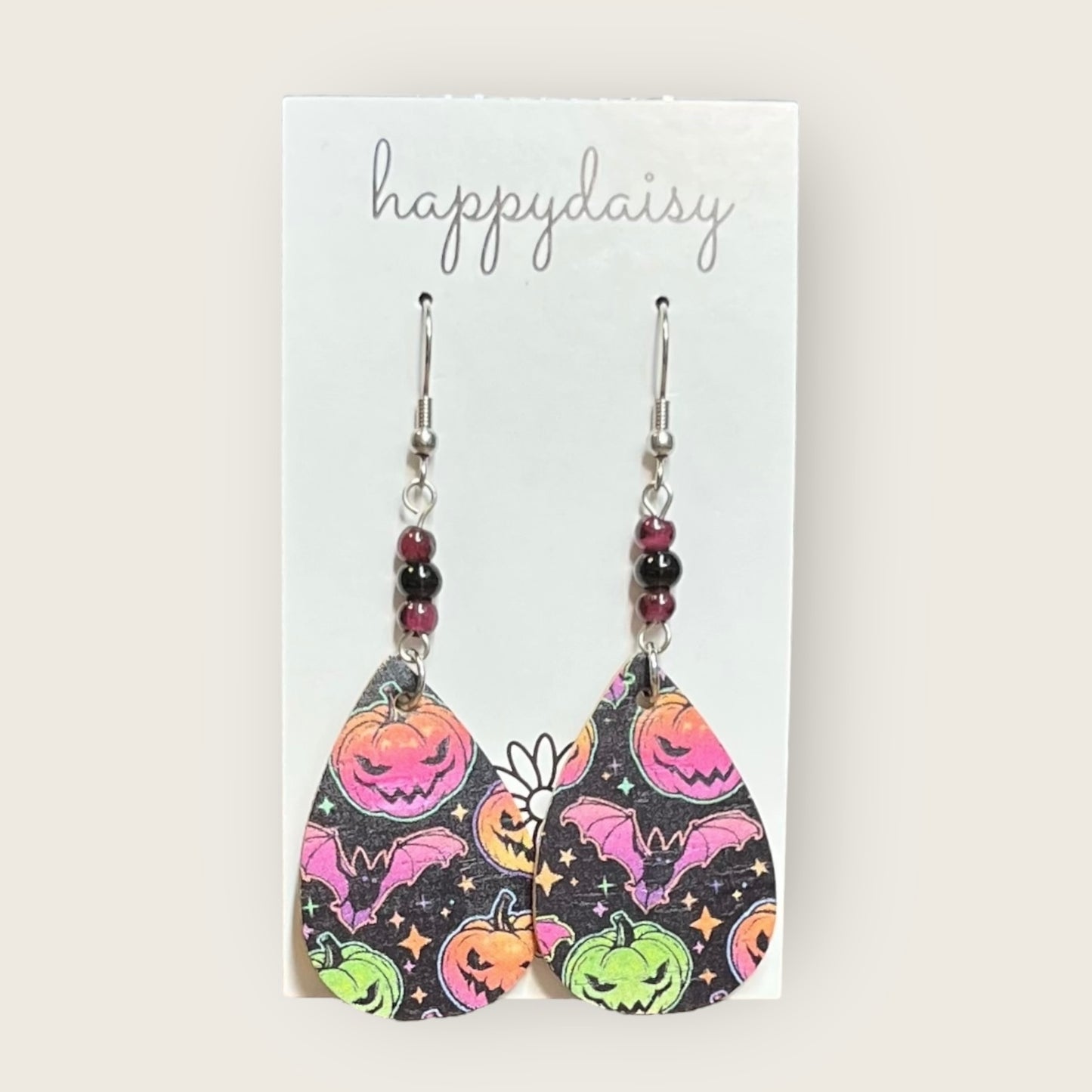 Halloween Jack-o-lantern Print Neon Cork on Leather Teardrop Earrings with Beads