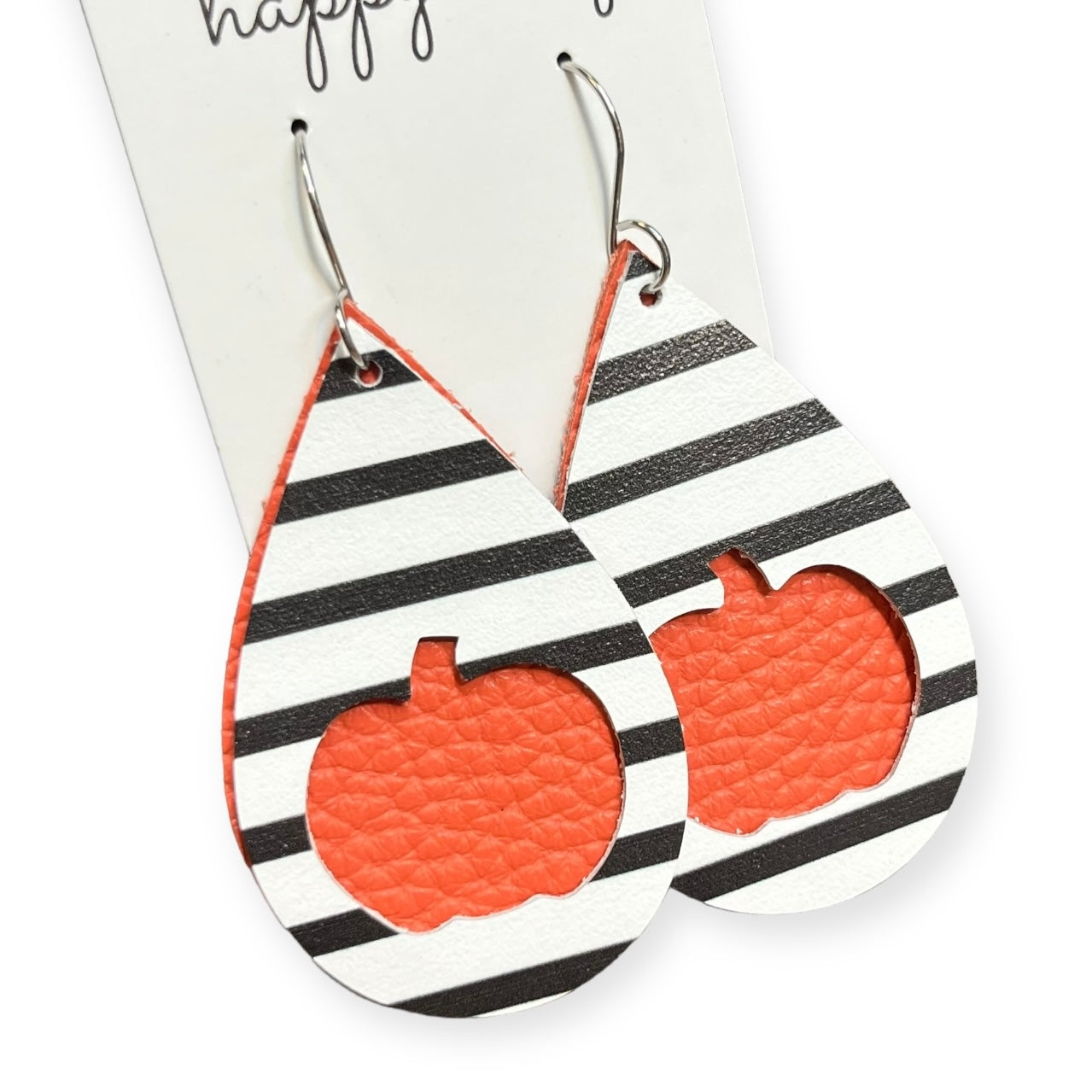 Fall Black and White Stripes with Orange Pumpkin Cut-out Double Layer Leather Teardrop Earrings